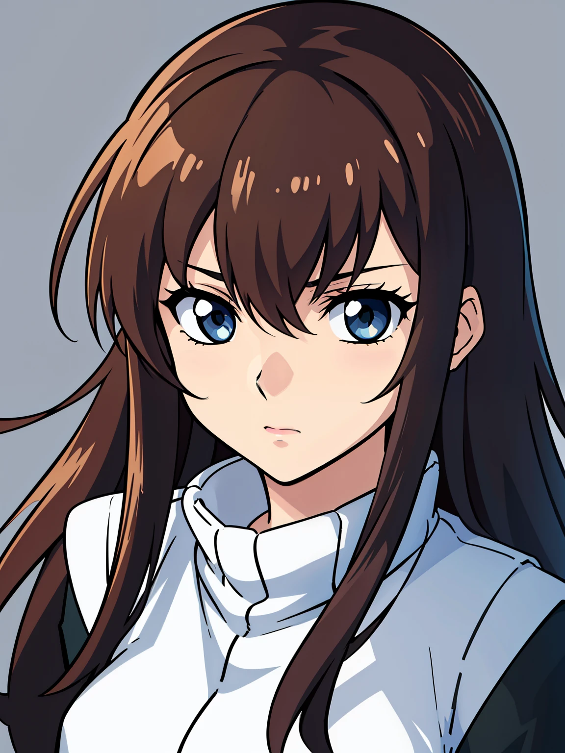 (high-quality, breathtaking),(expressive eyes, perfect face) 1girl, female, solo, adult age, Symmetrical Eyes, simple background, long hair, shag hair, portrait, looking at viewer, green eyes, dark black brown hair, sprite, facing viewer, looking at viewer, standing straight, front view, G Gundam style, pale skin, bags under eyes, shy
