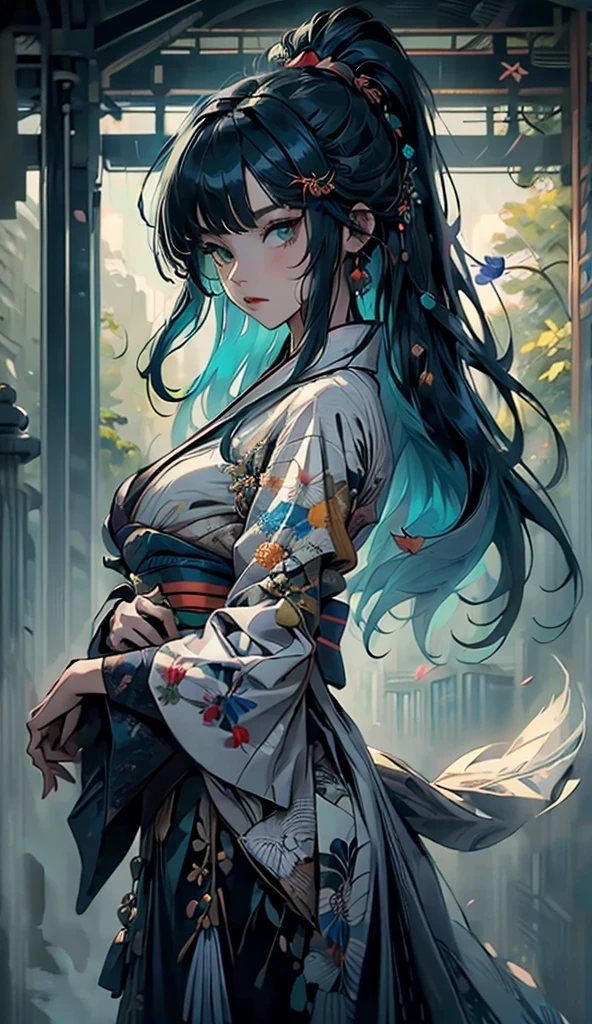 (masterpiece, best quality, highres:1.4), wallpaper, full body, 1girl, long hair, (blue hair:1.0), (black hair:1.0), green eyes, multicolored hair, gradient hair, small breast, facing to the side, yukata , holding party popper, night, hairclip, bangs,