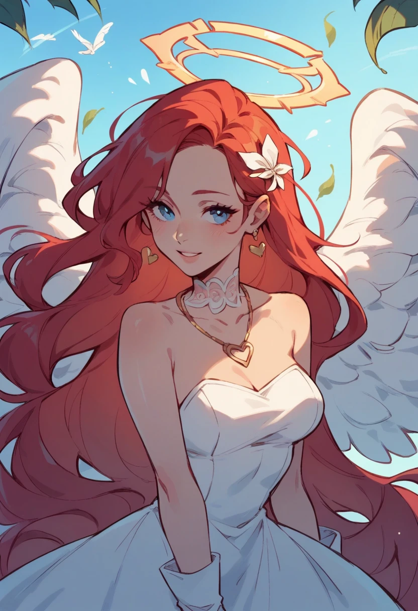 girl, with too long hair ,red hair color, blue eyes,  white dress with neckline ,  white gloves ,  black necklace with blue heart-shaped necklace, Leaf-white skin ,unrealistic white ,with angel wings and a halo on the head 