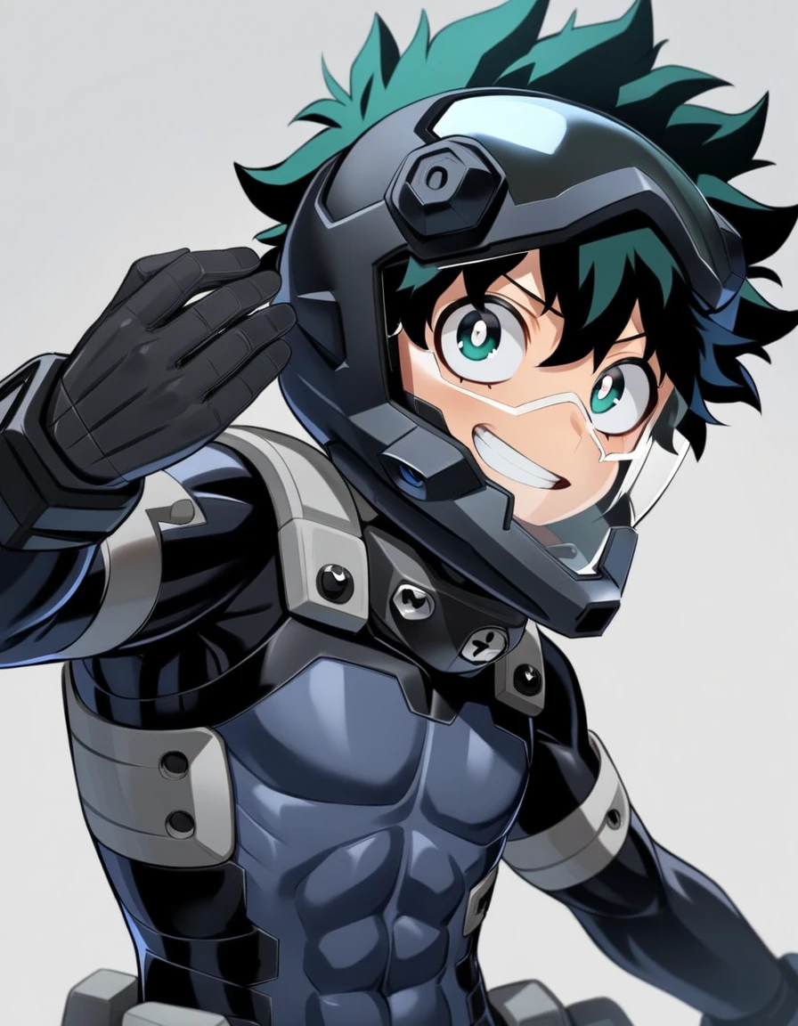 masterpiece, best quality, very aesthetic, absurdres, 1boy, male focus, Izuku Midoriya, My hero academia, looking at viewer, black plug suite, black eva helmet, clear glass,