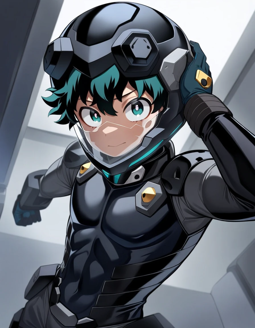 masterpiece, best quality, very aesthetic, absurdres, 1boy, male focus, Izuku Midoriya, My hero academia, looking at viewer, black plug suite, black eva helmet, clear glass,