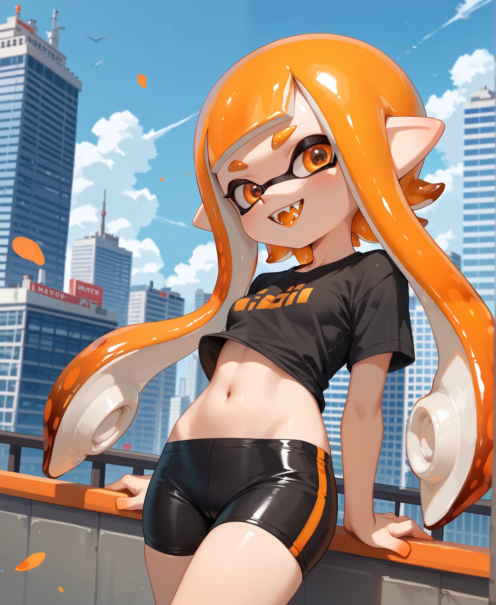 ((splatoon inkling girl)), ((masterpiece)), ((cartoon style)), ((high resolution)), {(curvy athletic figure), (small breasts), (orange tentacle hair), (orange eyes), (sharp teeth)}, {(tee shirt), (navel), (spandex shorts)}, ((city square))