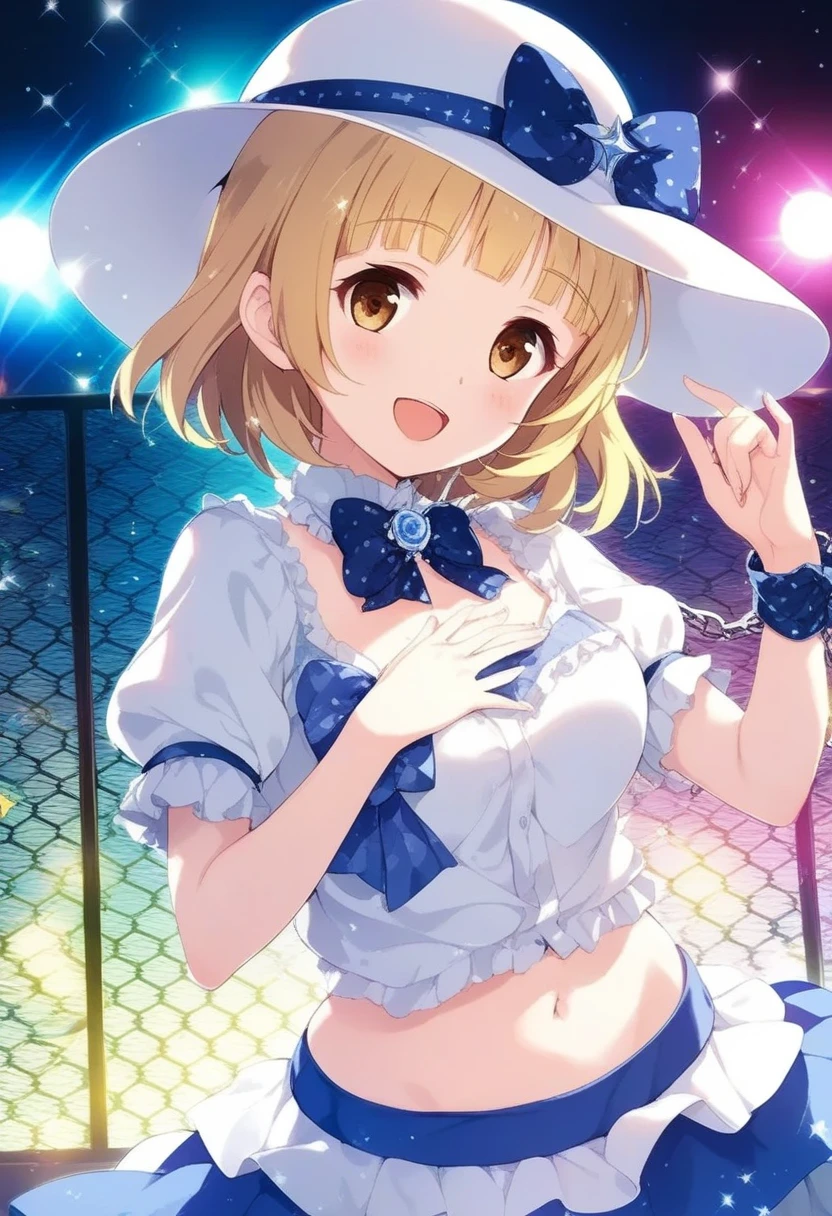 yuki mio, 1girl, :d, blonde hair, blush, bow, chain-link fence, glint, hand on own chest, hat, lens flare, letterboxed, navel, open mouth, short hair, skirt, smile, solo, sparkle, sparkle background, stage, stage lights, tiles, white headwear, 