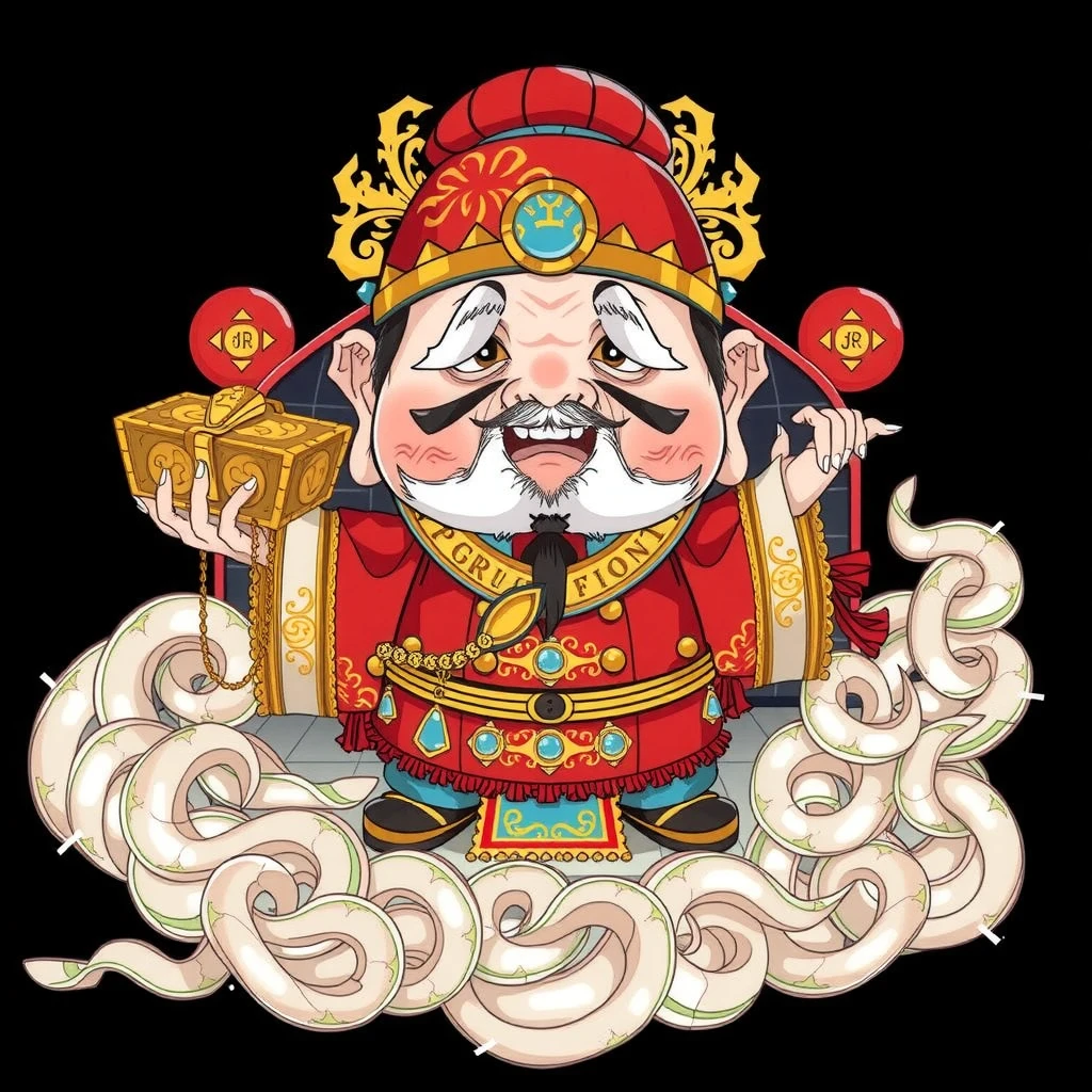 Q Edition Fortune Grandfather ， holding gold and silver jewelry， wearing festive official uniform ，