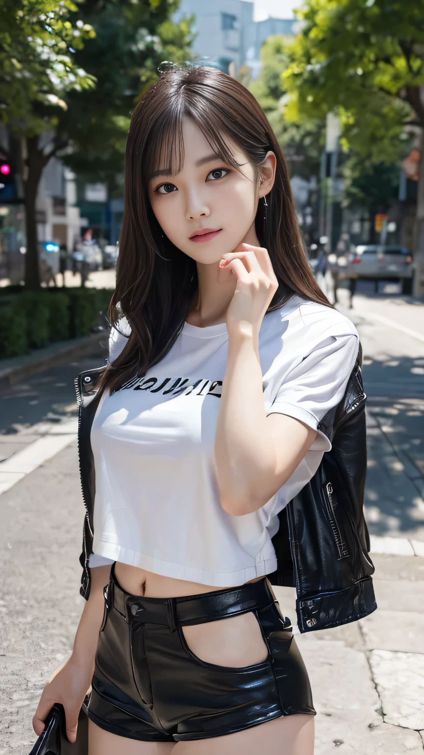 ((Full Body Angle))、((Front hair:1.3))、((highest quality, 8K, masterpiece: 1.3)), concentrated: 1.2, Cute girl 1,Nipples erect、 Perfect beauty: 1.4,Cut and sewn T-shirt Raglan sleeve summer short sleeve T-shirt.Shorts: 1.2,Long sleeve、Randall Color、comics&Text Graphics、Black ruffle-trimmed drawstring zip blouse,1.1, Highly detailed face and skin textures, Fine grain, double eyelid, whitening skin, ,highest quality,Ultra-high resolution,you,1 girl,alone,_Shiny_skin,Iris,necklace,((Brown_length_Wavy_hair)),(lips)),eyelash,Front hair,deal with,compensate,Shiny,pore,skin texture,Large Breasts、smiling face、stroll、