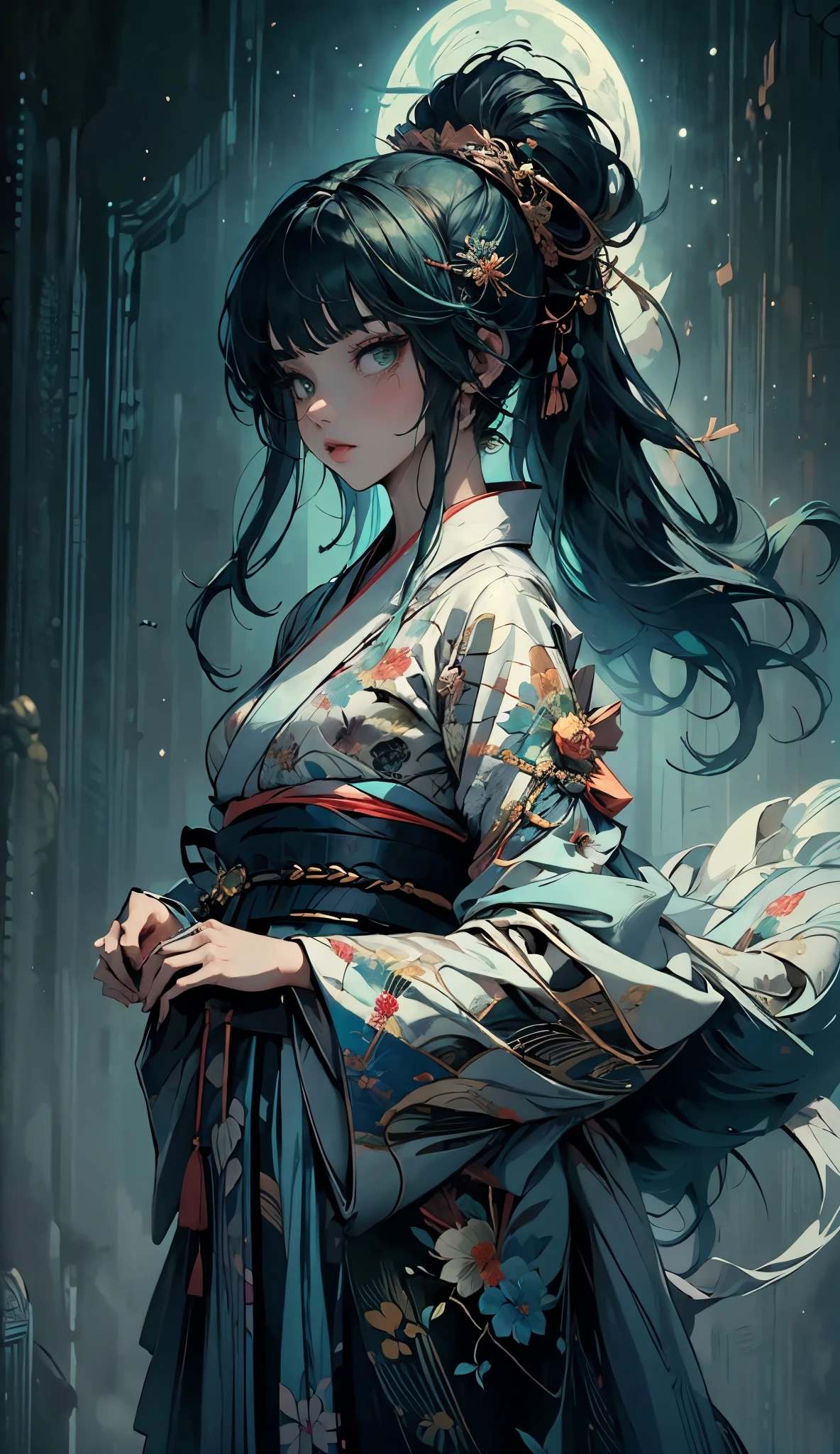 (masterpiece, best quality, highres:1.4), wallpaper, full body, 1girl, long hair, (blue hair:1.0), (black hair:1.0), green eyes, multicolored hair, gradient hair, small breast, facing to the side, yukata , holding party popper, night, hairclip, bangs,