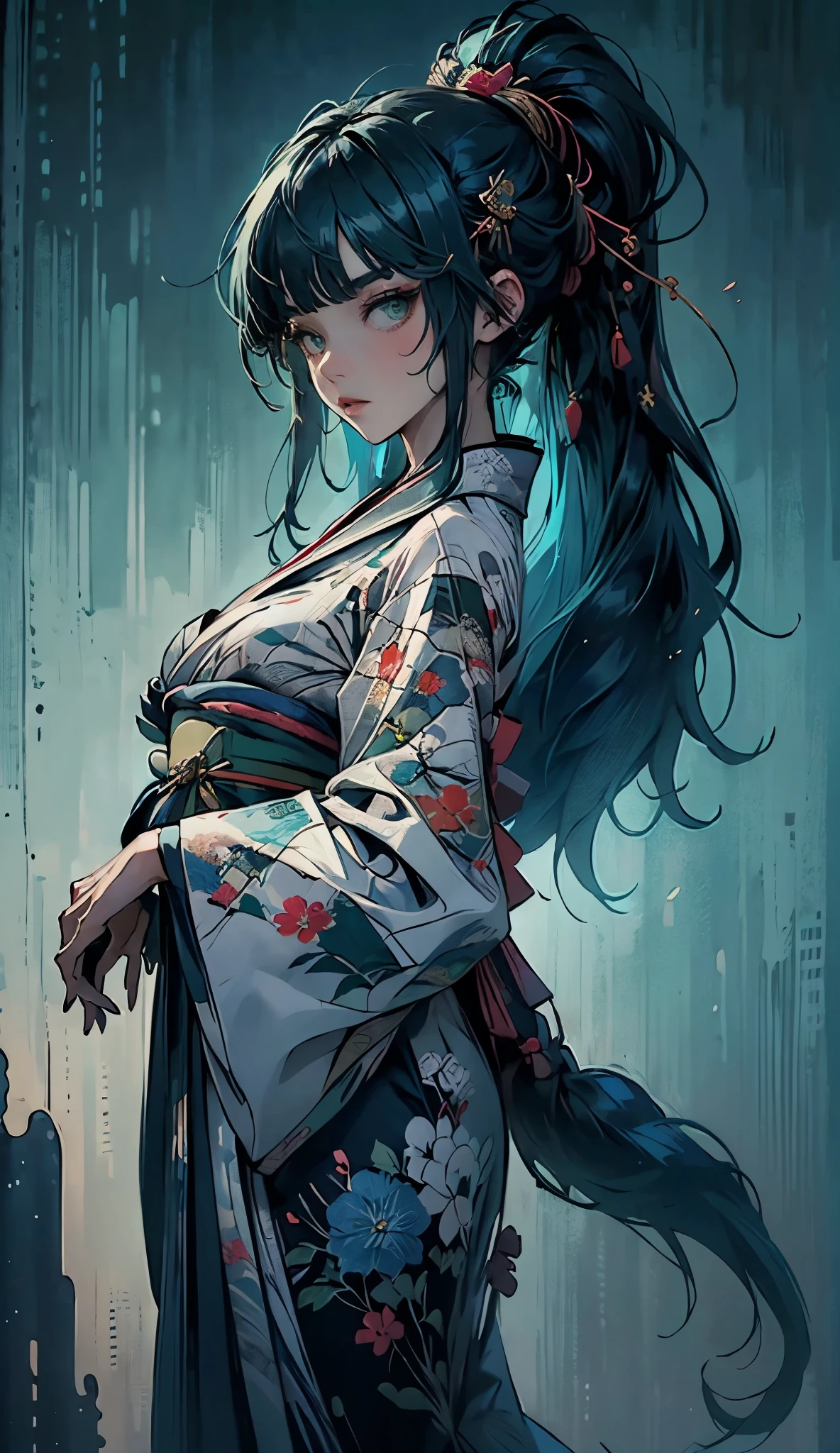 (masterpiece, best quality, highres:1.4), wallpaper, full body, 1girl, long hair, (blue hair:1.0), (black hair:1.0), green eyes, multicolored hair, gradient hair, small breast, facing to the side, yukata , holding party popper, night, hairclip, bangs,