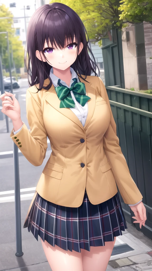 masterpiece, best quality, high quality, girl, solo, looking at viewer, amane_fujimiya, large breasts, school uniform, green bowtie, blazer, yellow jacket, long sleeves, plaid skirt, green skirt, standing, cowboy shot, outdoors, smile,