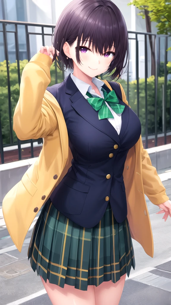 masterpiece, best quality, high quality, girl, solo, looking at viewer, amane_fujimiya, large breasts, school uniform, green bowtie, blazer, yellow jacket, long sleeves, plaid skirt, green skirt, standing, cowboy shot, outdoors, smile,