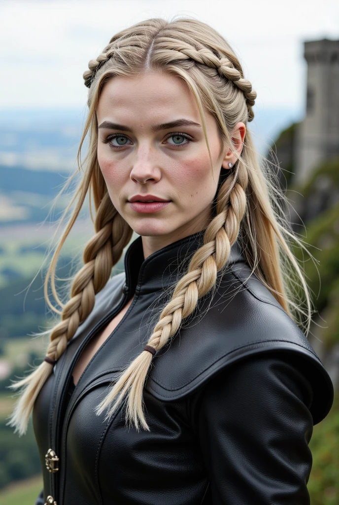 A targaryen woman with silver-gold hair and purple eyes