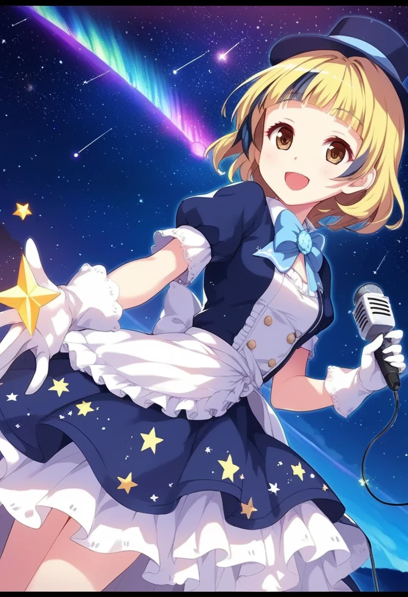 yuki mio, 1girl, aurora, blonde hair, brown eyes, constellation, dress, gloves, hat, letterboxed, microphone, milky way, mini hat, night, night sky, open mouth, planet, shooting star, short hair, sky, smile, solo, space, sparkle, star \(sky\), starry sky, starry sky print, top hat, 