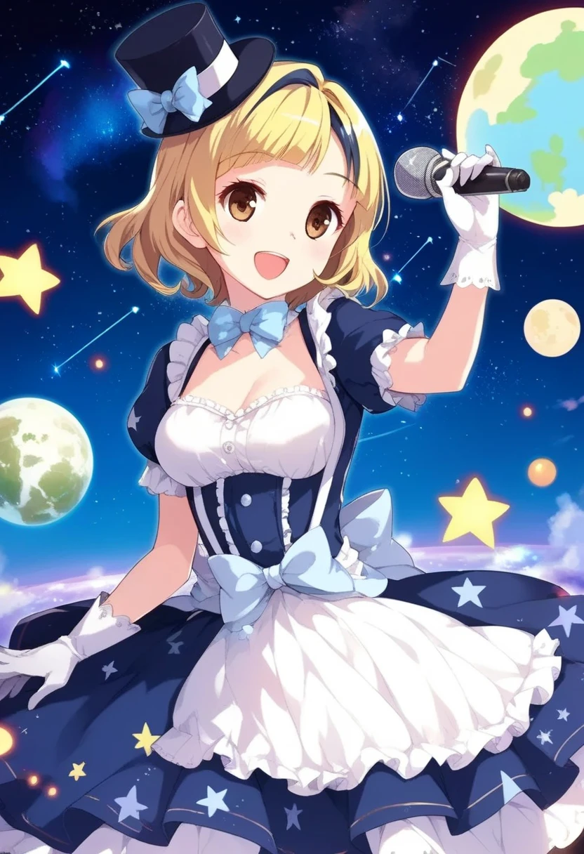 yuki mio, 1girl, aurora, blonde hair, brown eyes, constellation, dress, gloves, hat, letterboxed, microphone, milky way, mini hat, night, night sky, open mouth, planet, shooting star, short hair, sky, smile, solo, space, sparkle, star \(sky\), starry sky, starry sky print, top hat, 