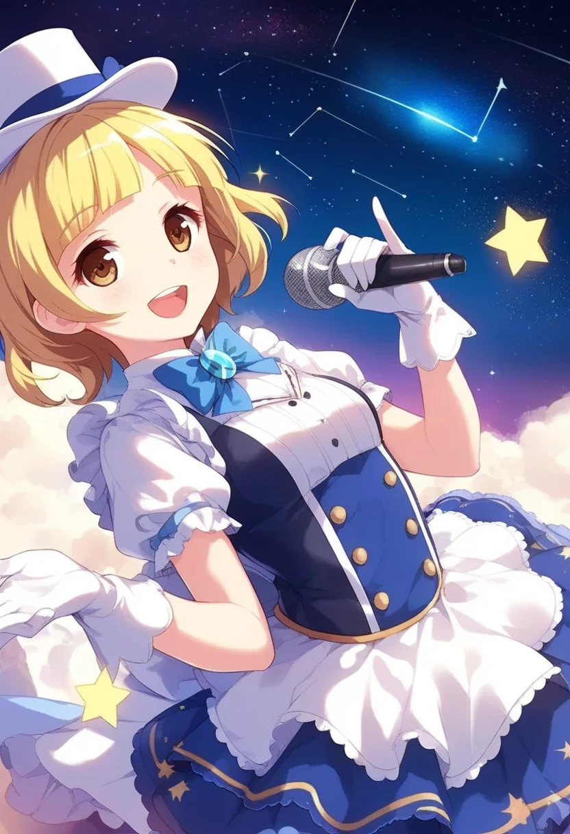 yuki mio, 1girl, aurora, blonde hair, brown eyes, constellation, dress, gloves, hat, letterboxed, microphone, milky way, mini hat, night, night sky, open mouth, planet, shooting star, short hair, sky, smile, solo, space, sparkle, star \(sky\), starry sky, starry sky print, top hat, 