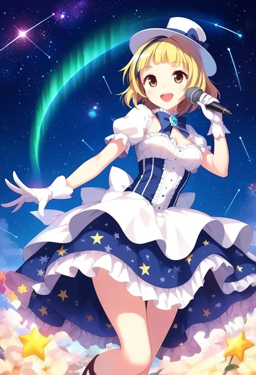 yuki mio, 1girl, aurora, blonde hair, brown eyes, constellation, dress, gloves, hat, letterboxed, microphone, milky way, mini hat, night, night sky, open mouth, planet, shooting star, short hair, sky, smile, solo, space, sparkle, star \(sky\), starry sky, starry sky print, top hat, 