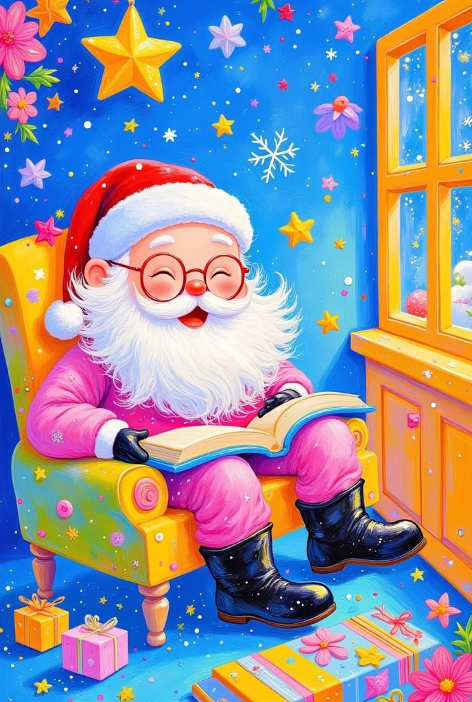 Oil painting, Christmas-themed background, a colorful Santa Claus lying on the sofa reading a book, wearing glasses and a pink hat with red-rimmed eyes, snowflakes falling outside the window, a happy expression, in a colorful cartoon style, with colorful clouds in bright colors, colorful , a cute smile, and warm light shining through the blue sky. The overall color tone is very lively, full of joy.