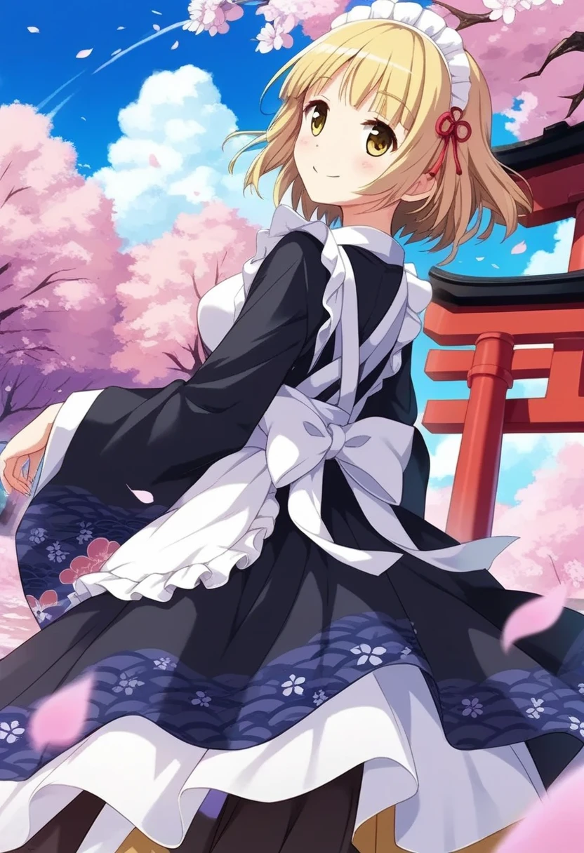 yuki mio, 1girl, architecture, blonde hair, blue sky, blush, bow, branch, cherry blossoms, dango, east asian architecture, falling petals, hanami, japanese clothes, kimono, letterboxed, looking back, maid headdress, petals, petals on liquid, pink flower, round window, sanshoku dango, short hair, smile, solo, spring \(season\), torii, tree, tube, wagashi, wind, wisteria, yellow eyes