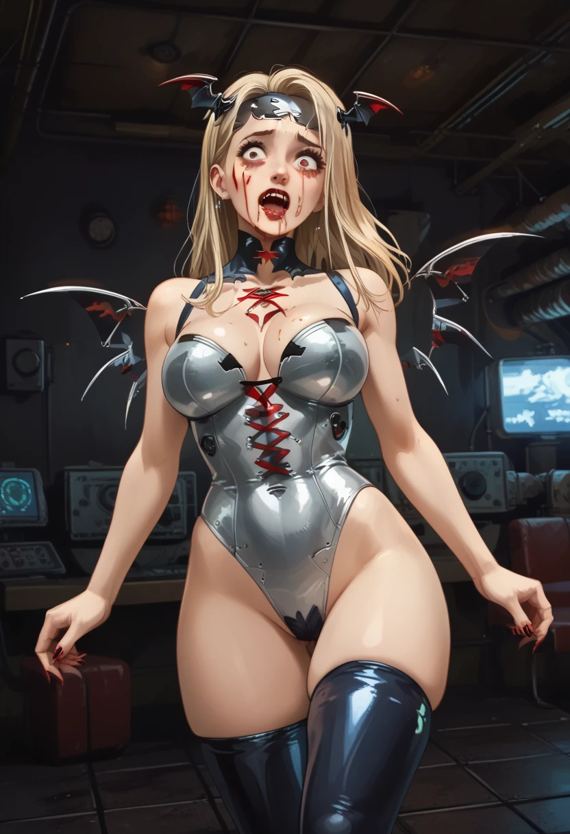  American plane,  blonde vampire girl ((detallada)),  scared , Ojos rojos (detailed), Has a headband,  futuristic armor ,  vampire cyberpunk , corset armor ,  dystopic future , Vampire wings ,  blood on her face, lost look ,  dark cyberpunk background , big breasts not exaggerated, cintura angosta,  wide hip,  lighting light dark, mysterious