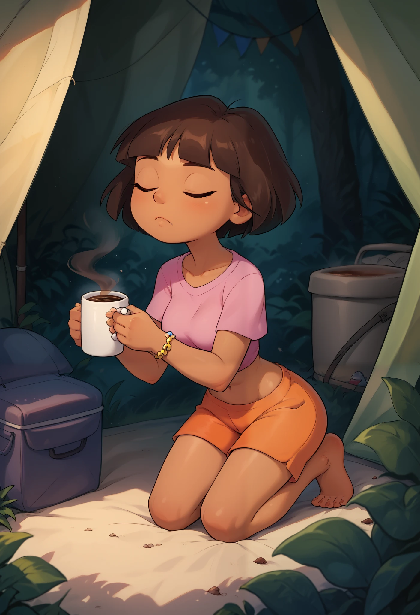  solo, From the front, cute, eyes closed, coffee, sipping, drinking from mug, drinking coffee, frown, on knees, medium breasts, Dora,  brown eyes, morning, inside a tent, outdoors, dark-skinned female, bob cut, (pink shirt), crop top, bare midriff, loose shirt, (orange shorts), bracelet, (slender athletic body), leaning forward,