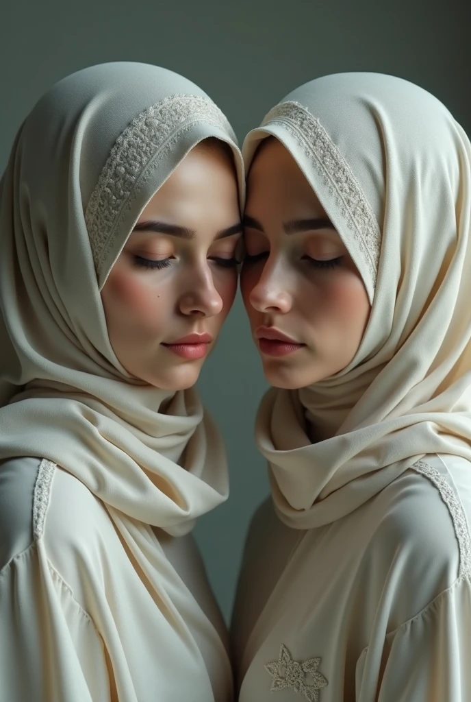 Two heavenly women (houris)  
With red lips  
Smiling  
With fair and clear skin  
Wearing hijab  
Standing side by side  