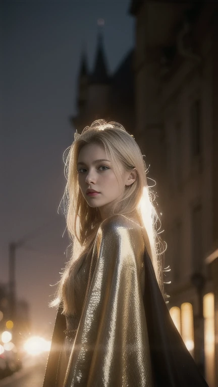 (RAW Photo) , (highly detailed:1.20) , ultra realistic :1.10) ,sexy girl in her 20s , (perfect face:1.20) , (detailed red pupils :1.20) , with long silver hair in ponytail , (((long gold satin cloak tied at the neck with a ribbon :1.20))) , maxi skirt , full body, walking down street at night , high-quality ultra realistic style, detailed eyes, professional, expressive , 8K , highly detailed , professional,