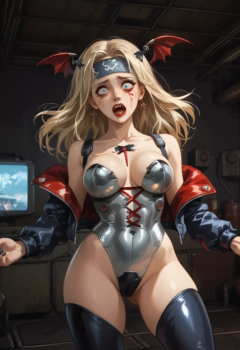  American plane,  blonde vampire girl ((detallada)),  scared , Ojos rojos (detailed), Has a headband,  futuristic armor ,  vampire cyberpunk , corset armor ,  dystopic future , Vampire wings ,  blood on her face, lost look ,  dark cyberpunk background ,  big breasts, cintura angosta,  wide hip,  lighting light dark, mysterious