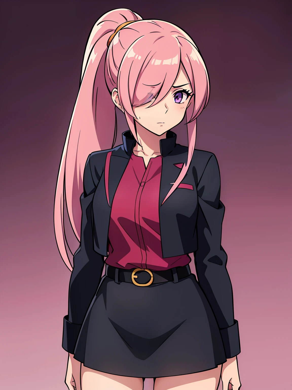 (high-quality, breathtaking),(expressive eyes, perfect face) 1girl, female, solo, adult age, Symmetrical Eyes, simple background, long hair, portrait, looking at viewer, purple eyes, pink hair, black streaks, sprite, facing viewer, looking at viewer, standing straight, front view, G Gundam style, shy, red shirt, black jacket, ponytail, thin hair, timid, belt, skirt, shy personality, blush, hair over one eye, hourglass figure,
