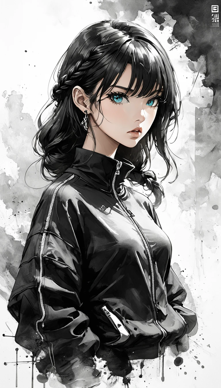 Neo-noir futuristic art style, Ink and Wash Digital Art style, waist-up, proportional body, semi-realistic anime-style of woman facing side. aged 19, young but looks mature woman with long, sleek black hair styled in a low long single braid. aged 19. oval and proportional shape, with soft yet defined jawlines that taper into a slightly pointed chin. Her eyes are the most striking feature, Narrowed eyes, serious expression. She has a warm tan skin tone, and piercing turquoise eyes, giving her an serious, cool and focused expression. seious, sharp and focus gaze. Her eyebrows are thick and naturally arched, complementing her long, dark eyelashes. She has a small, slightly upturned nose and full lips, set in a neutral expression that adds to her determined yet calm demeanor. Loose strands of her black hair frame her face without softening her strong appearance. She wears an (((unzipped))) cropped black and turquoise jacket with oversized sleeves, turquoise accents on the shoulders and inner lining, high collar over a black regular-fit t-shirt with a low scoop neckline, giving her a modern and self-reliant vibe. The soft lighting enhances the contours of her face and highlights her warm skin tone. clean background. black white and turquoise, anime style, Javanese theme, hyperdetailed, ultra quality, 4k, intricate lighting, chiaroscuro, white background with one color ink spots, drawing stroke, perfect drawing lines.
