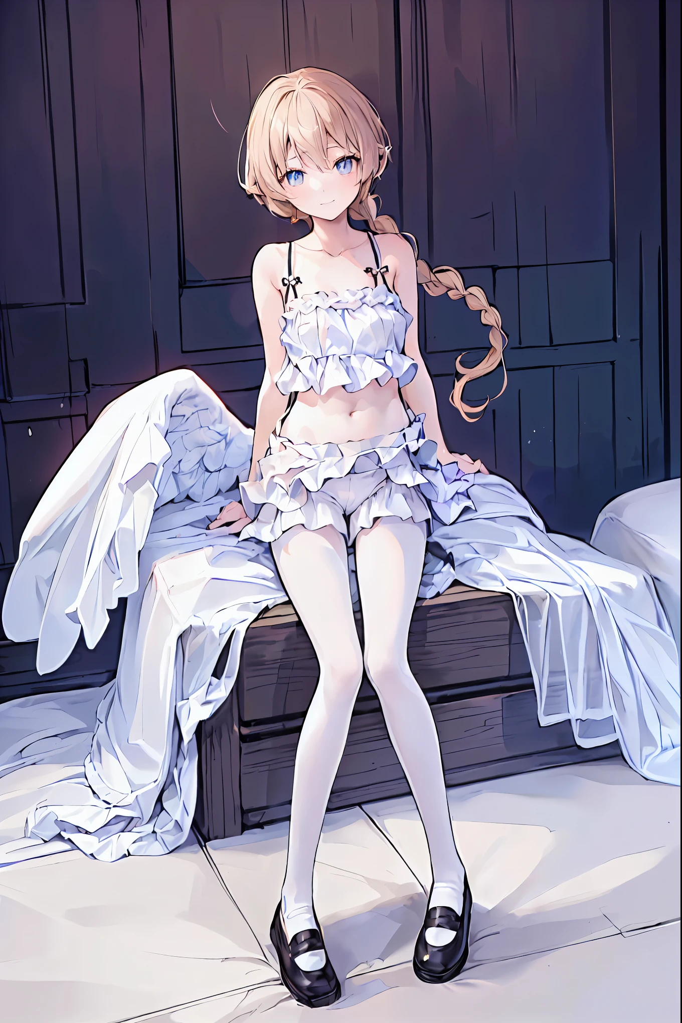 gonzarez, masterpiece, Serenaj, 1girl, hair, blonde hair, blue eyes, short hair, nightgown dress, bedroom, transparent dress, panties, 
