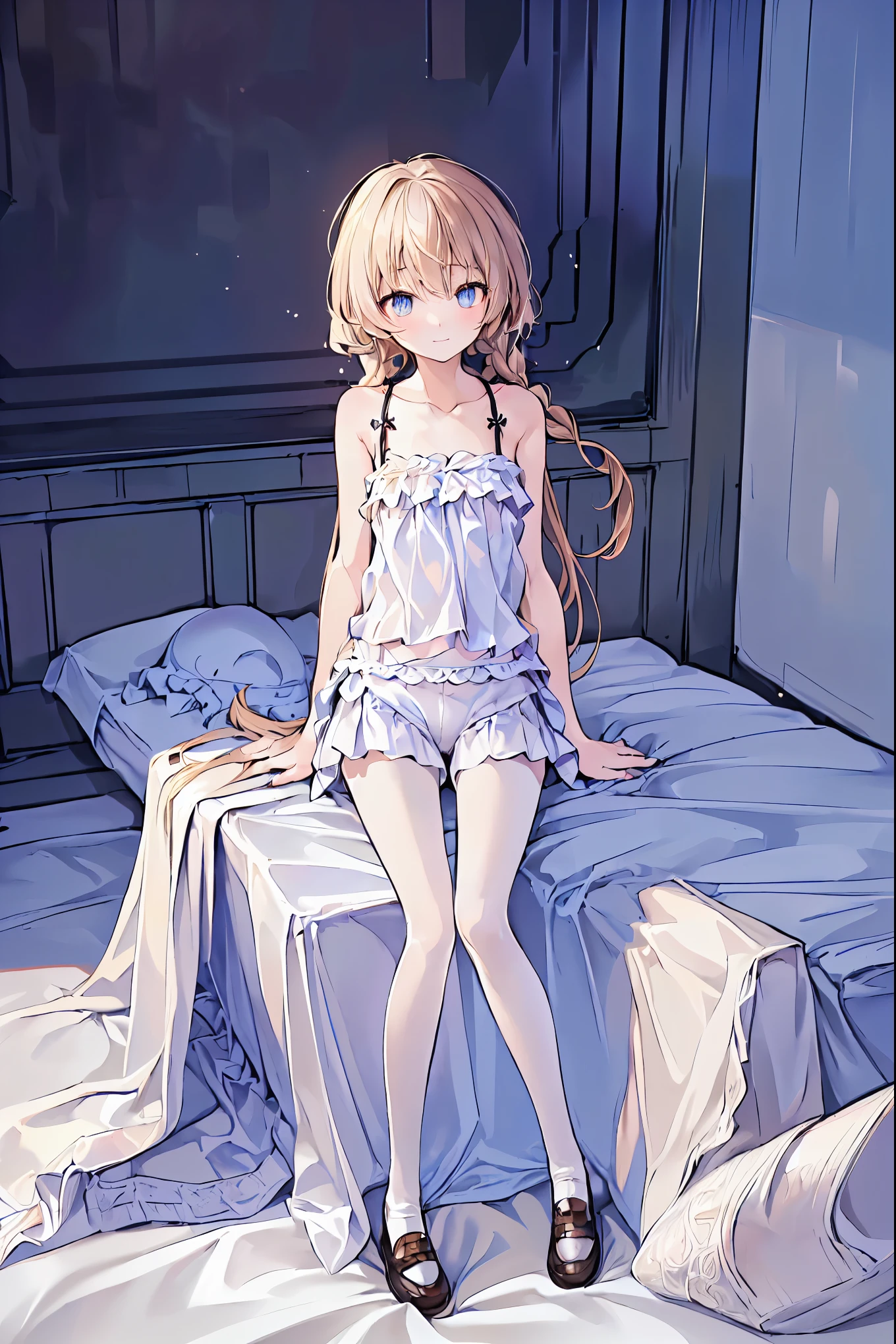    absurd,(masterpiece、  top quality、8k ),     Intricate Details   ,   very detailed bust、1 cute girl、((movie:1.4)),   Embarrassing   、(   flat chest、bulge:2.2( Brown Hair、(    white camisole ,   white shorts 、   white knee-high socks   :1.3),   on the bed、  Surrender,  perfect anatomy，Brown Hair，   shortcuts ，   tousled hair，  short braided hair，Neat，  Slender and Beautiful，Correct posture，  small breasts，   beautiful legs，  Their Enchanting Grayish Blue Eyes Shone Like Stars ，Droopy eyes，   bright color,    beautiful eyes ,A delicate smile,textured skin,  The best of the best quality ,     A Parody of a Gentle and Beautiful Woman  ,   anime style  ､