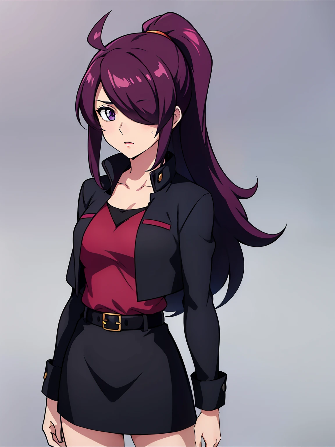 hair over one eye(high-quality, breathtaking),(expressive eyes, perfect face) 1girl, female, solo, adult age, Symmetrical Eyes, simple background, long hair, portrait, looking at viewer, purple eyes, pink hair, black streaks, sprite, facing viewer, looking at viewer, standing straight, front view, G Gundam style, shy, red shirt, black jacket, ponytail, thin hair, timid, belt, skirt, shy personality, blush, hair over one eye, hourglass figure,

