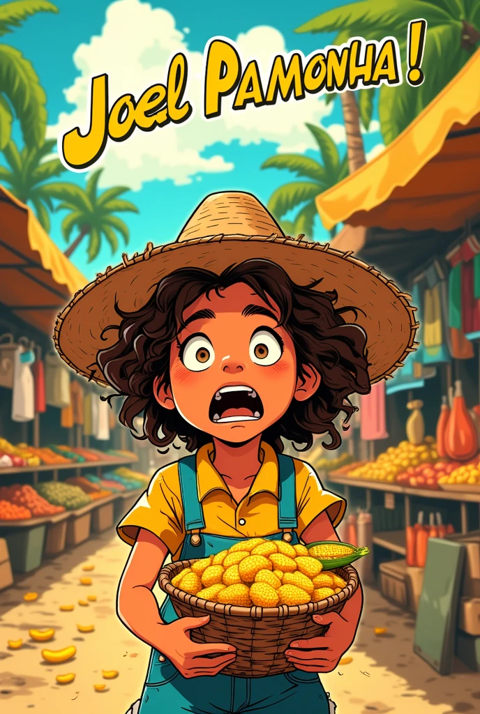 Vivid meme-style cartoon | A young boy curly hair street vendor in a bustling open market, dynamically shouting the phrase (“Joel Pamonha”) with expressive body language and exaggerated, comical facial expressions | Vibrant colors, lively and chaotic marketplace background, tropical ambiance | The character is wearing a straw hat, casual rural attire, and holding a basket of corn, emphasizing the pun | Cartoonish yet detailed art style, bold outlines, playful typography for the text ‘Joel Pamonha’ floating above her | High-energy composition, humor-focused, with vibrant yellow and green hues to evoke Brazilian culture.”