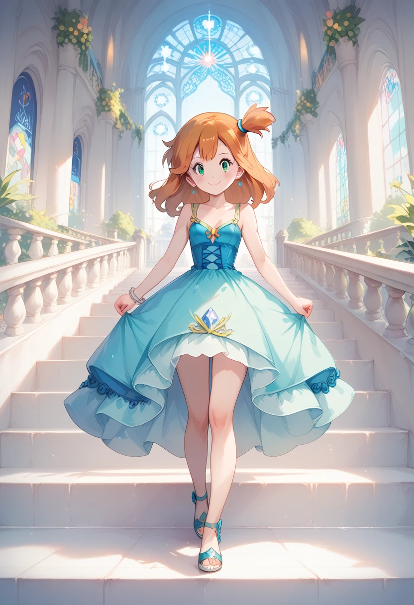 Misty_pokemon ,Orange Hair, one side up hair ,Big green eyes,Small breasts,Skinn, Princess dress, walking down the stairs, beautiful maiden, pastel yellow, pretty decorations, smile, slight blush
(insanely detailed, beautiful detailed face, masterpiece, best quality) cinematic lighting, 