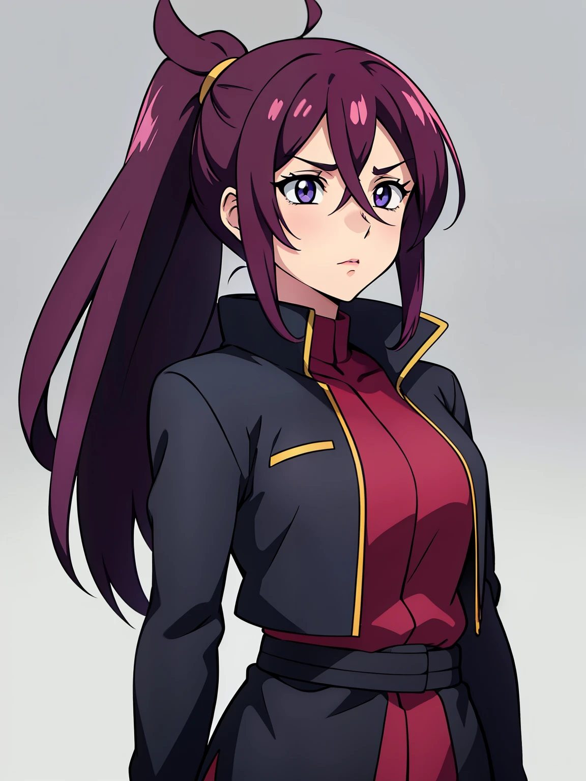 hair over one eye(high-quality, breathtaking),(expressive eyes, perfect face) 1girl, female, solo, adult age, Symmetrical Eyes, simple background, long hair, portrait, looking at viewer, purple eyes, pink hair, black streaks, sprite, facing viewer, looking at viewer, standing straight, front view, G Gundam style, shy, red shirt, black jacket, ponytail, thin hair, timid, shy personality, blush, hair over one eye, hourglass figure,
