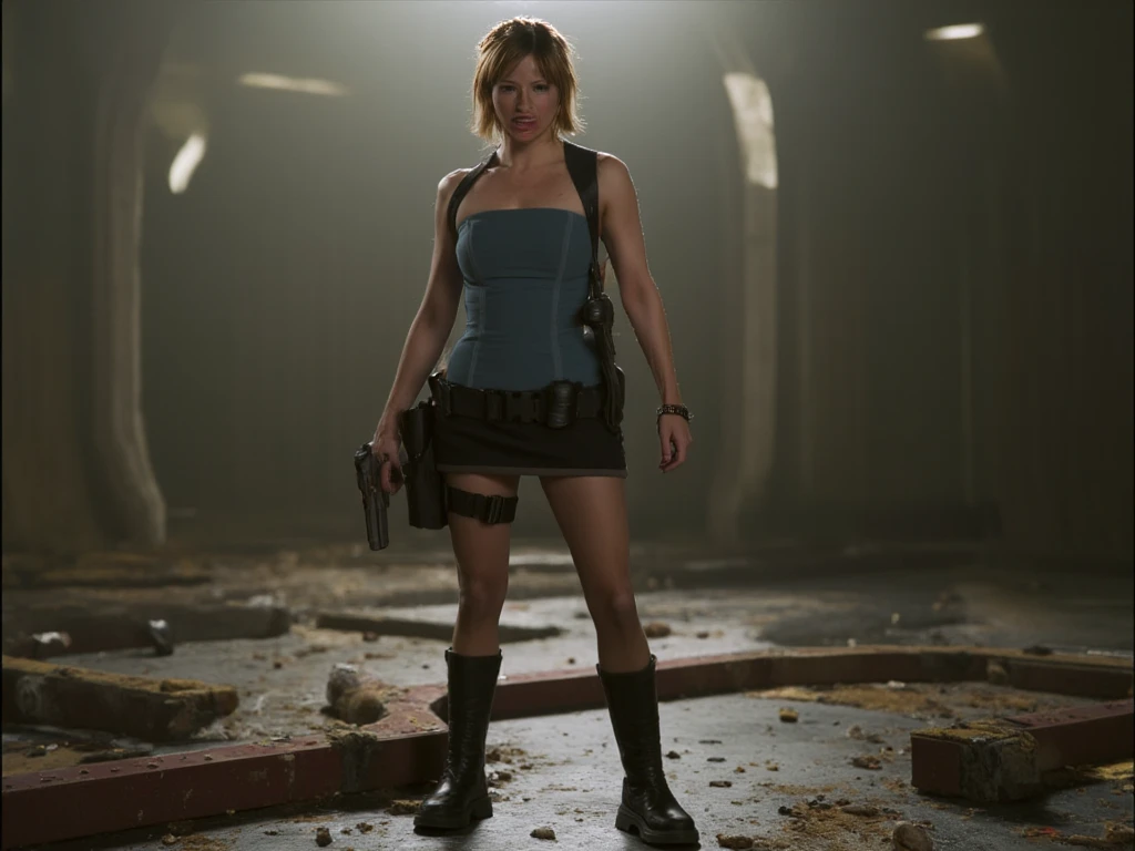 Sienna Guillory as Jill Valentine on Resident Evil Apocalypse movie, short skirt. focus in boots, focus on boots,