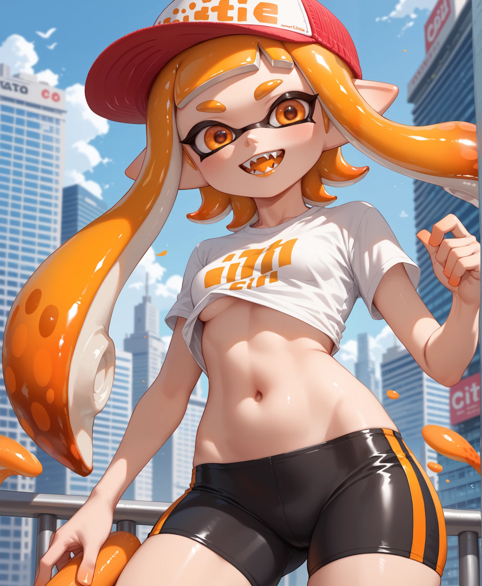 1 Splatoon Girl, 3D、real anime、Pull Panties, Undressing, From below, masterpiece, highest quality, Very detailed、Golden tentacle hair、Big and pretty eyes、Golden Eyes、shining eyes、blush、A shy smile、cheek、lipstick、Huge breasts, Cleavage、Gold underwear、Gold panties、Background to increase fortune、Gold Nugget Room、Gold Room、