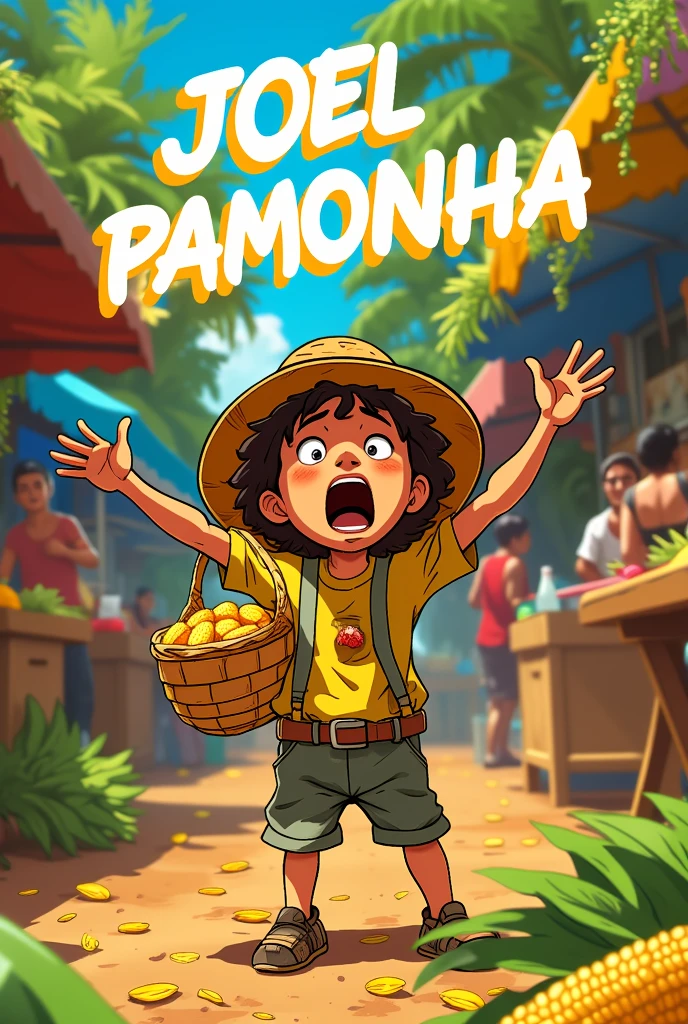 Vivid cartoon | A young boy military-curly_hair street vendor in a bustling open market, dynamically shouting the phrase (“Joel Pamonha”) with expressive body language and exaggerated, comical facial expressions | Vibrant colors, lively and chaotic marketplace background, tropical ambiance | The character is wearing a straw hat, casual rural attire, and holding a basket of corn, emphasizing the pun | Cartoonish yet detailed art style, bold outlines, playful typography for the text ‘Joel Pamonha’ floating above her | High-energy composition, humor-focused, with vibrant yellow and green hues to evoke Brazilian culture.”