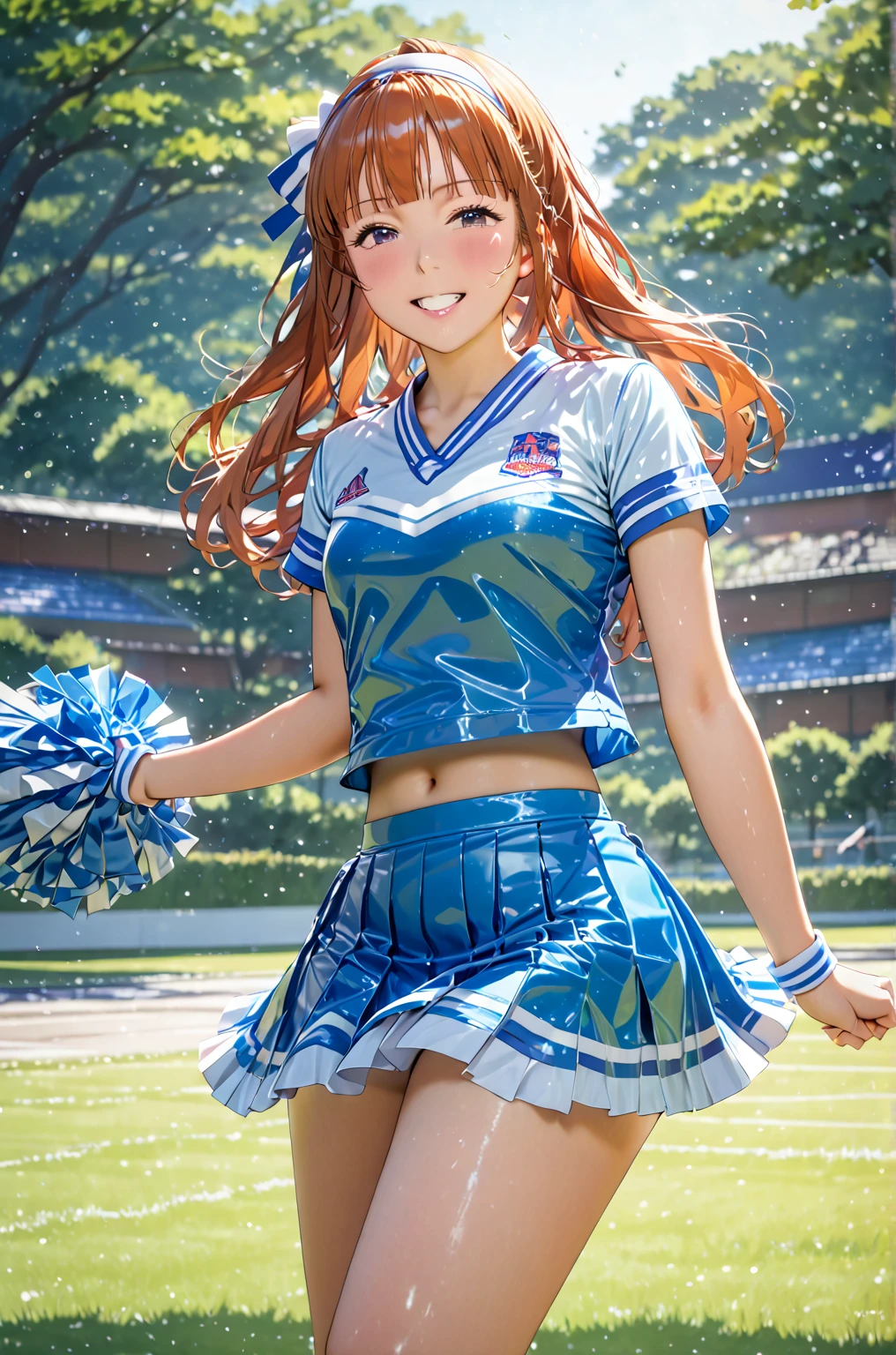 1 girl, solo, silence suzuka \(umamusume\), cheerleader, pom pom \(cheerleading\), pleated skirt, best quality, laugh, good anatomy, masterpiece, shiny, shiny skin, shiny outfit, wet clothes, wet skin, dynamic pose