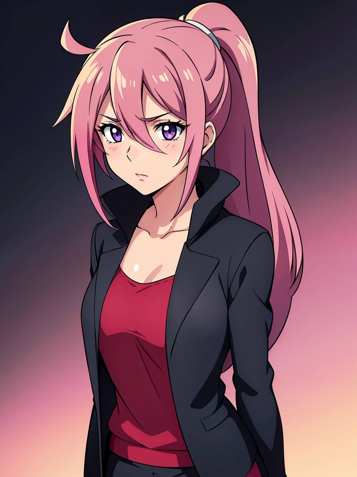 hair over one eye(high-quality, breathtaking),(expressive eyes, perfect face) 1girl, female, solo, adult age, Symmetrical Eyes, simple background, long hair, portrait, looking at viewer, purple eyes, pink hair, black streaks, sprite, facing viewer, looking at viewer, standing straight, front view, G Gundam style, shy, red shirt, black jacket, ponytail, thin hair, timid, shy personality, blush, hair over one eye, hourglass figure,
