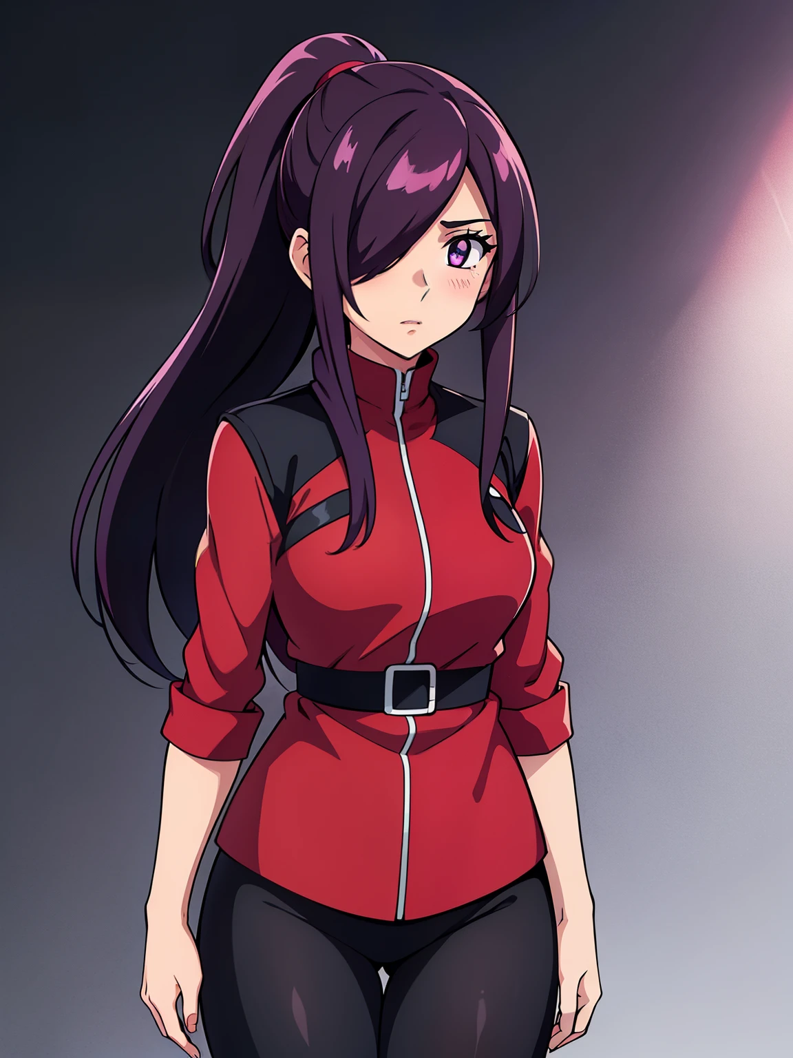 hair over one eye(high-quality, breathtaking),(expressive eyes, perfect face) 1girl, female, solo, adult age, Symmetrical Eyes, simple background, long hair, portrait, looking at viewer, purple eyes, pink hair, black streaks, sprite, facing viewer, looking at viewer, standing straight, front view, G Gundam style, shy, red shirt, black jacket, ponytail, thin hair, timid, shy personality, blush, hair over one eye, hourglass figure, scars
