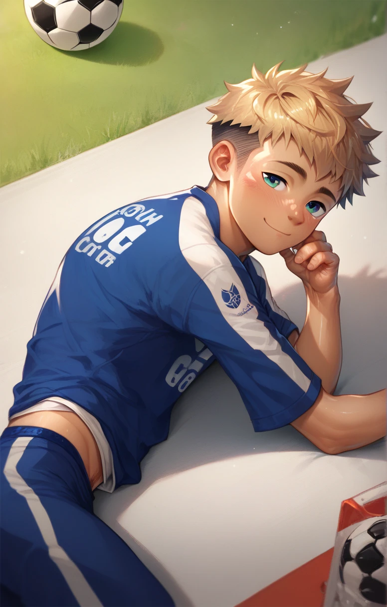  Cute young man twink soccer player lying on the ground 