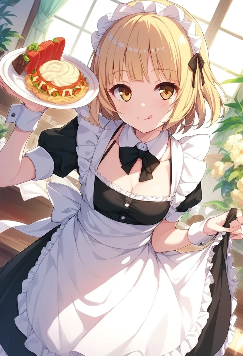 yuki mio, 1girl, apron, blonde hair, food, letterboxed, looking at viewer, maid, maid apron, maid headdress, short hair, smile, solo, tongue, tongue out, yellow eyes