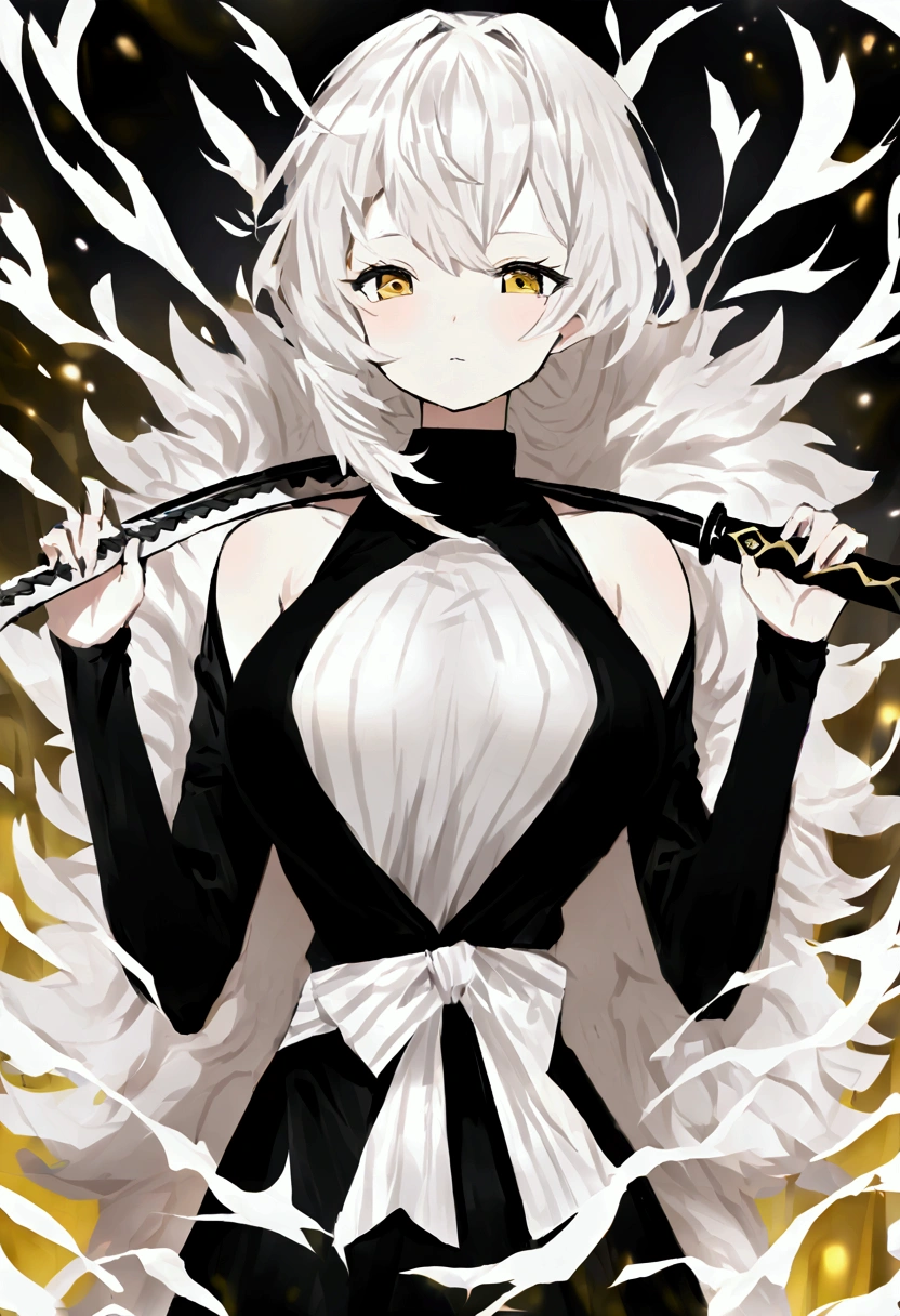 shake  hair, fluffy white hair with white stripes, yellow eyes, big chest, holding a katana sword. Wearing a turtleneck shirt showing shoulders. Big tits. 