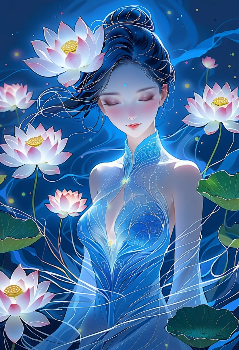  illustrations, Her delicate figure is carved like a work of art ,  looking at me, The blue night enveloped her,  Every line and curve is engraved with fine detail. This 8K high-resolution woman ,  is an exquisite painting of light and shadow , color, and feeling, Body Glow, (Glowing lines),  beautiful lotus flower ,  correct human anatomy , flash, Fluorescent particles, Backlight, 
