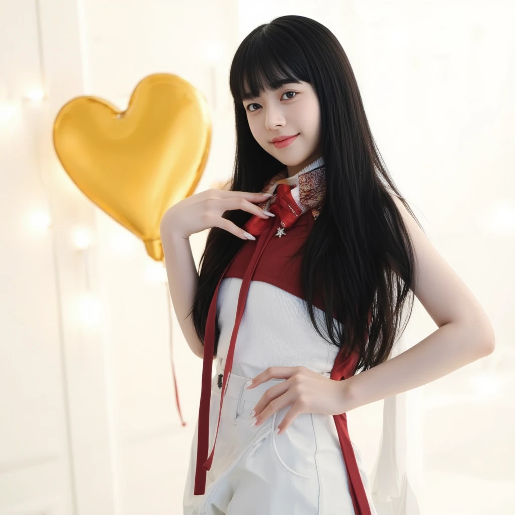 masterpiece, best quality, A young, vey thin body, Korean woman with long straight black hair and blunt bangs smiles at the camera. She have light-brown eyes, she wears a red top, sleeveless, adorned with a diamond star brooch and a red ribbon tied around her neck. Her hands form a heart shape in front of her chest, showcasing long, expertly manicured nails. A high-waisted white pants. The background is softly blurred, focusing attention on her pose and expression, soft light,