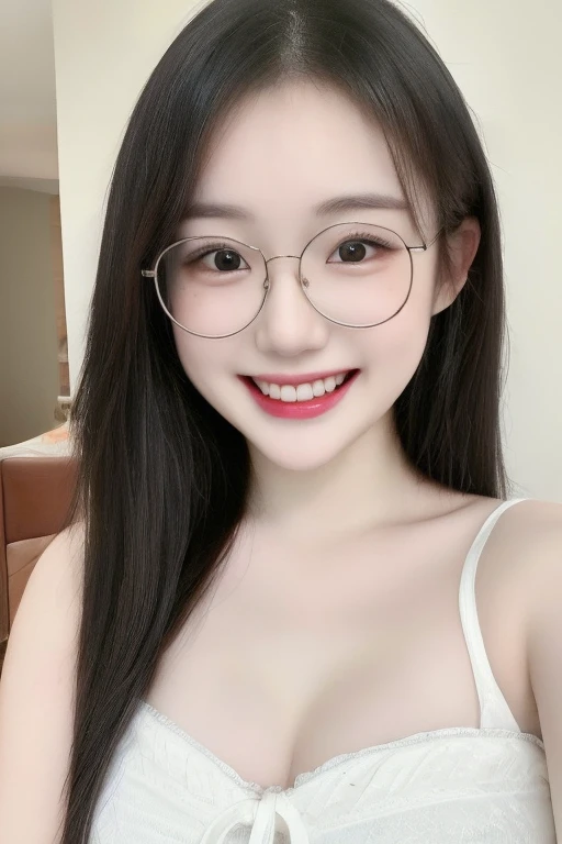 (realistic、masterpiece、Best Quality、8K、highres、high resolution:1.3)、upper body, 1 glasses girl、grin smile, Huge breasts、white long dress,pale white skin、looking at viewers、super fine face and eyes、long hair、indoor、upper body、