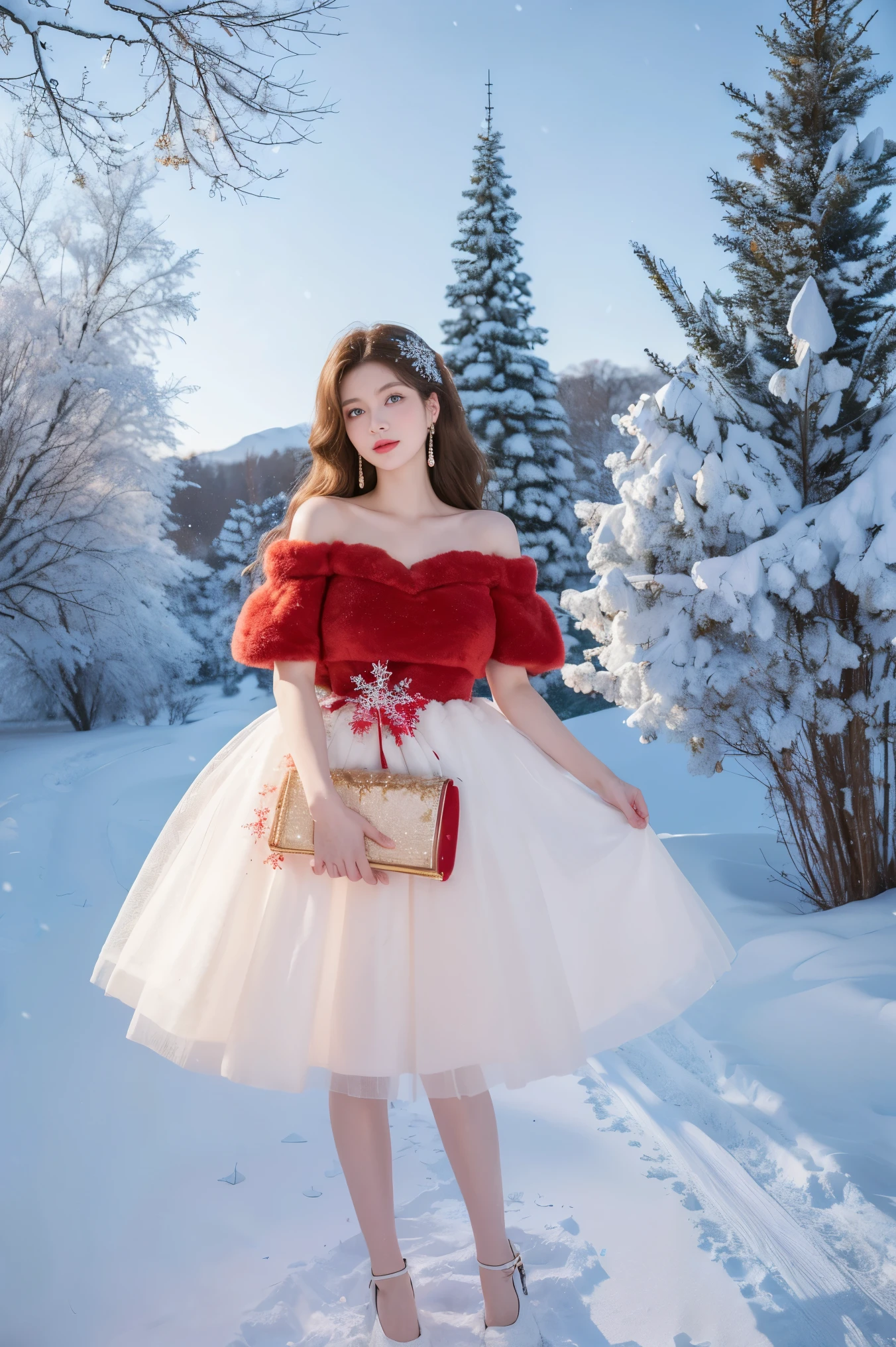 masterpiece、quality、 super detailed 、Marilyn Tagg ，  full body portrait of a girl ，Face is clear，（Best quality at best），  beautiful girl ：1.5、( red fluffy off shoulder dress style)，Long hair fluttering， snowflake earrings、  snowflakes fall  、vague、Snow World