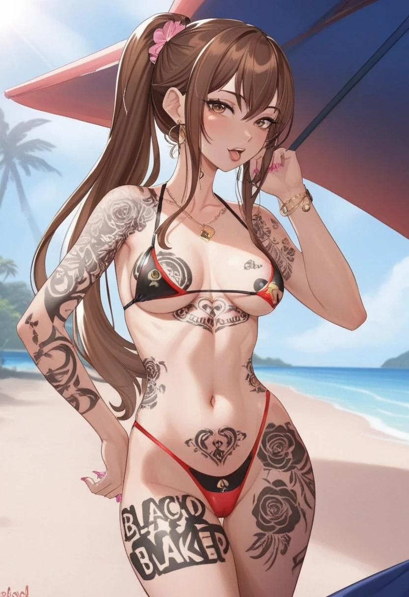 ((sexy girl ,gyaru)), glamorous, voluptuous, beach, looking at the viewer, seductive, sexy swimsuit, brown hair, slim waist, small waist, big hips, DOAXVENUSANIMAGINEXL, Misaki (DOA), curvy, slim, skinny, small breasts, tiny waist, Asian woman, petite, cute, youthful, bbc tattoos, blacked tattoos 