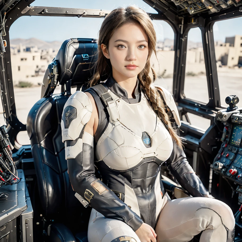 Highly detailed photo of a Women, SF soldier, 30yo, (Mech warrior of women mercenary, (body armor on bodysuit)), sitting like a queen, Stately and dignified, Very dissatisfied look, (headset, Powerful and beautiful eyes, 8K Ultra HD, Original photo, Model Photoshoot, Detailed skin, Skin imperfections, Photographed from directly in front, ((Female pilot sitting at the cockpit of Mech), Looking into the camera), upper body)