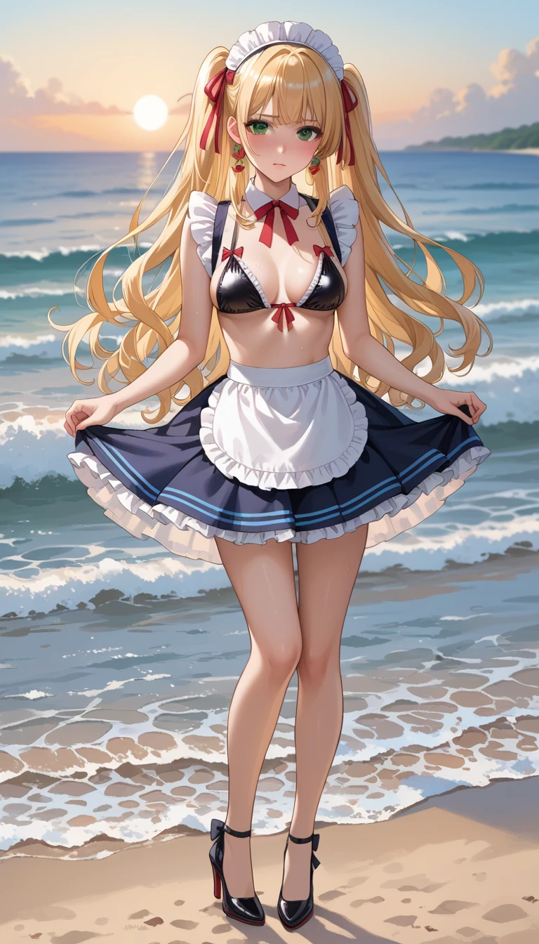 Masterpiece ,best quality , high resolution , (1 girl solo:1.38) , (mavis, long hair, blonde hair, (green eyes:1.5), ahoge, wavy hair, animal ears,) , (cleavage:1.2) , (medium breast:1.28) , (wear stockings , panties , strong wind , big wing , skirt lift ) , (cleavage:1.15) , (big breast:1.1) , (face view , look at view , front view , smile , open mouth) , (white dress , miniskirt , knot bow skirt , head tilt ) , (cowboy_shot , standing ) , (outdoor , in water , droplet , in sea , ocean , beach)