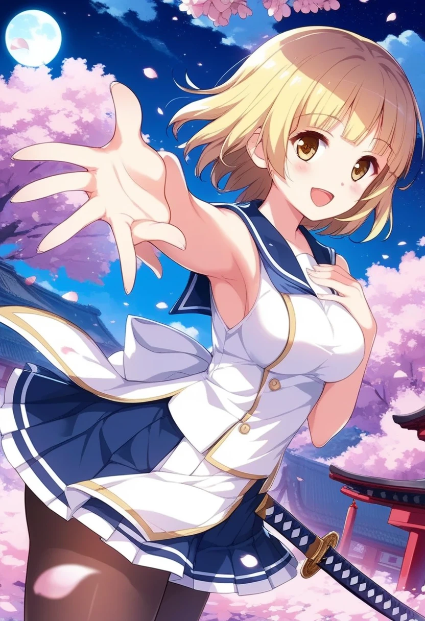 yuki mio, 1girl, :d, blonde hair, blush, breasts, cherry blossoms, cloud, cowboy shot, full moon, hand on own chest, katana, letterboxed, looking at viewer, moon, night, night sky, open mouth, outstretched arm, outstretched hand, pantyhose, petals, pleated skirt, reaching, reaching out, sheath, sheathed, short hair, skirt, sky, smile, solo, sword, weapon